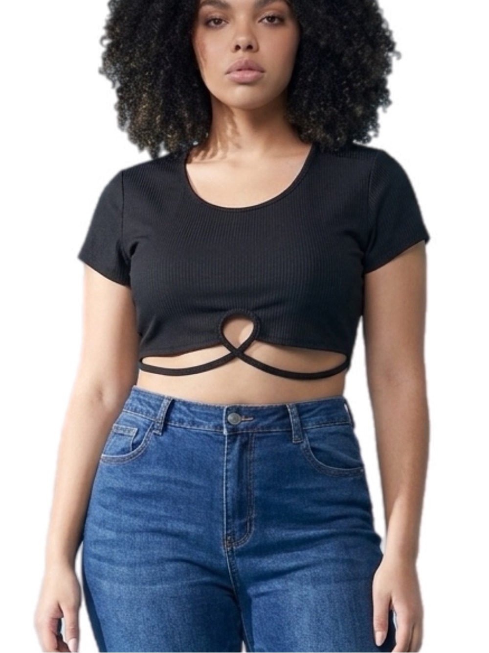 Jolie & Joy | Ribbed Black Short Sleeve Crop Top with front loop detail nwt